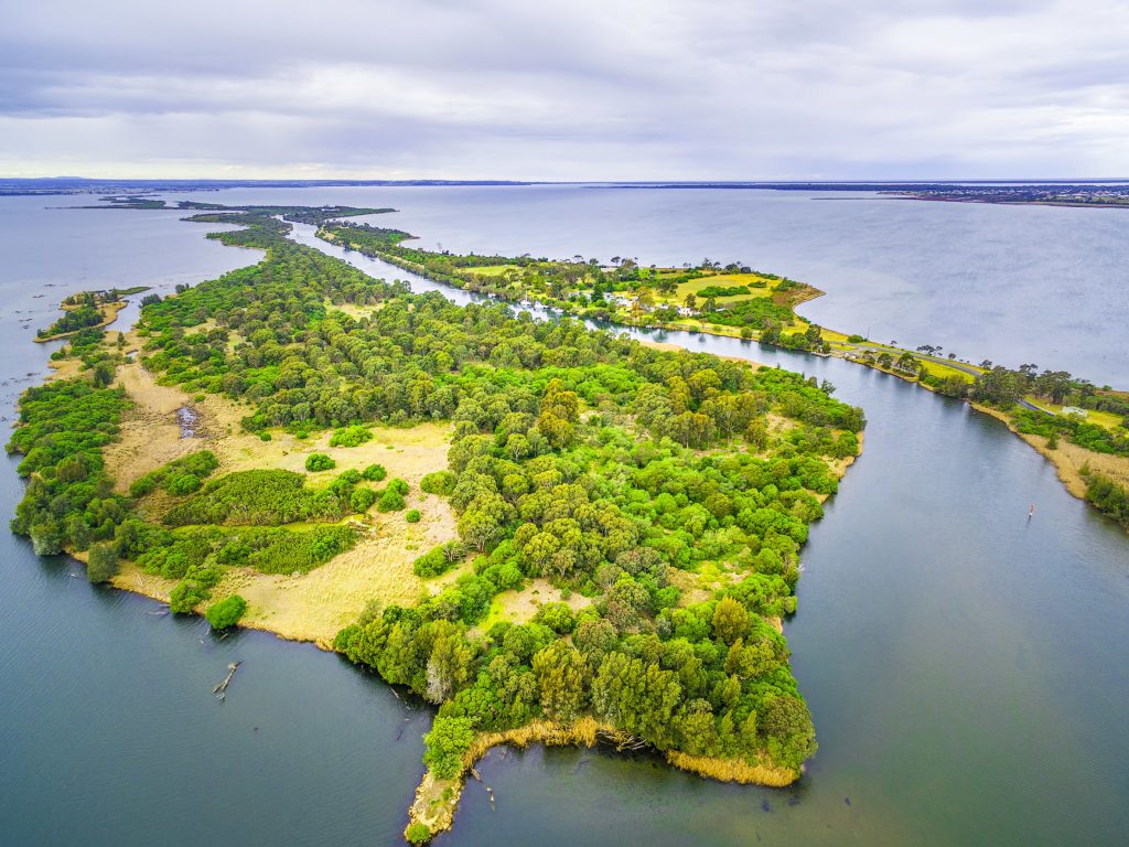 Aerial view of Silt Jetties at Gippsland Lakes Reserve, Victoria, Australia