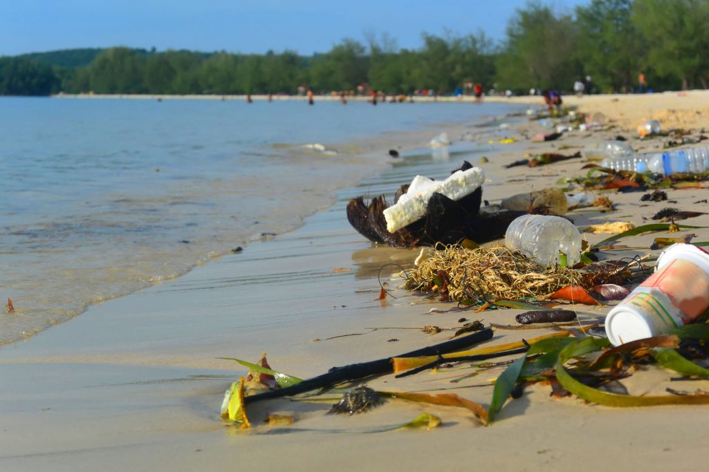 Plastic and rubbish washed up on the shore from oceans