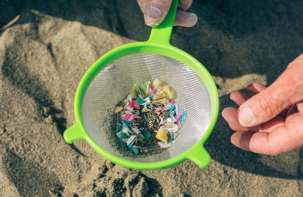Sieve with microplastics on the beach