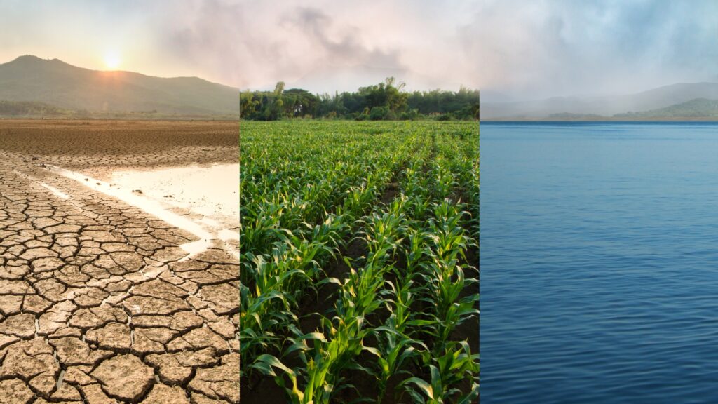 Climate change image with cracked earth, farmland and water